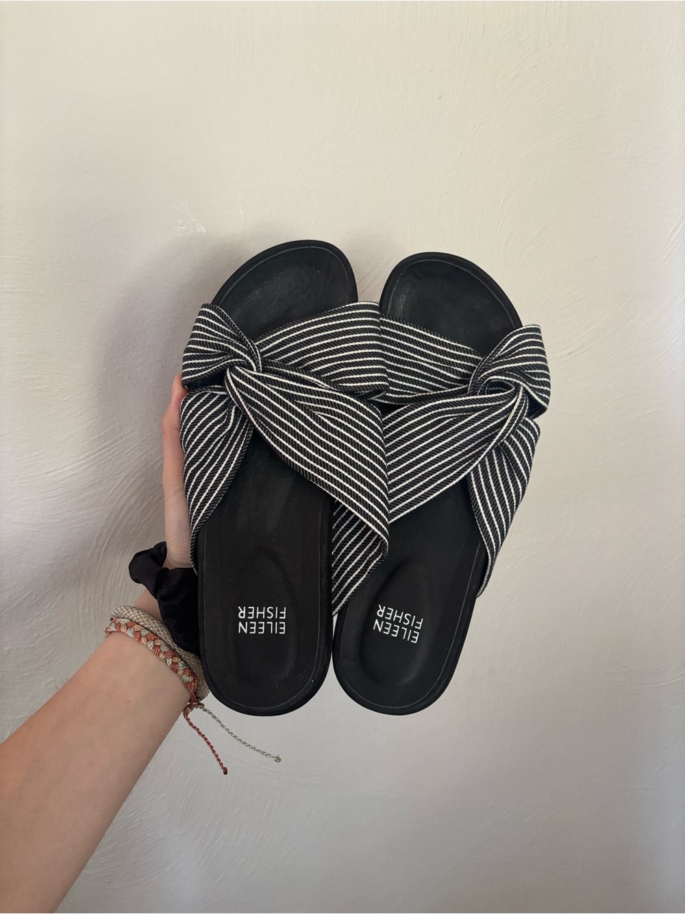 Eileen Fisher Black and White Striped Knot Slide Sandals